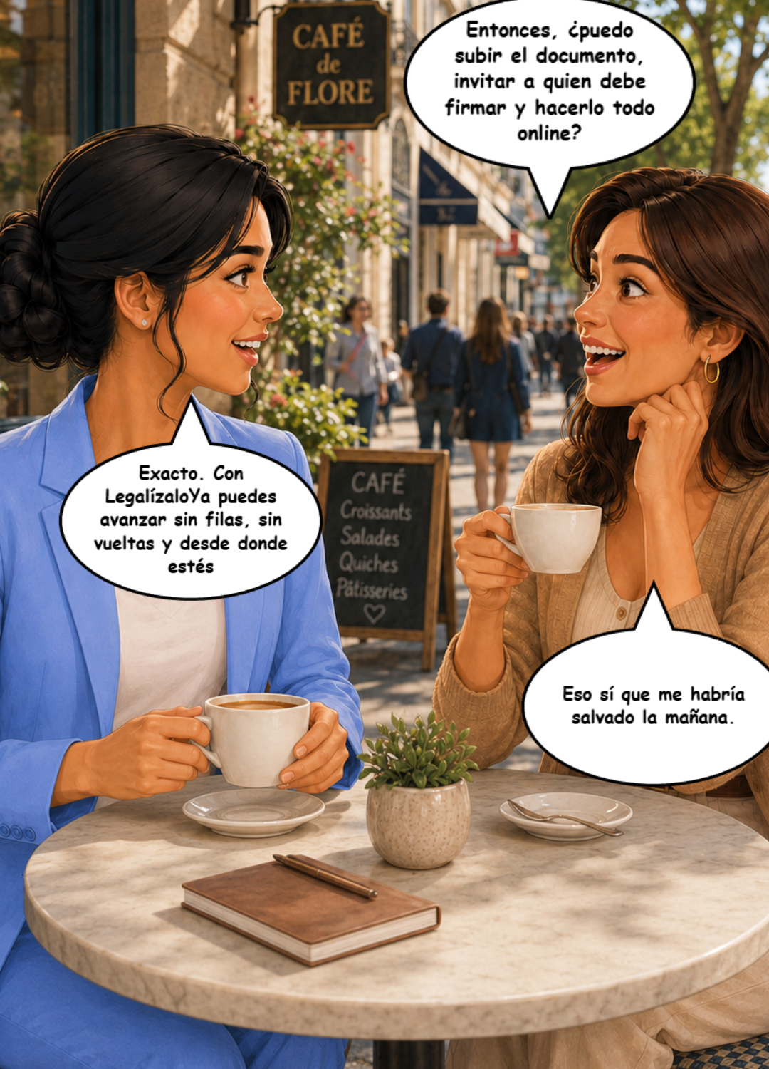 Clara y Sofía conversan tomando café después de salir de la notaría